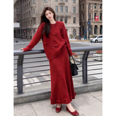 批发时尚简约软糯红色蝴蝶结毛衣套装秋冬高级感气质宽松针织两件套女