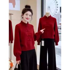 批发<b class='q'>大码</b>过年穿搭新中式立领盘扣红色毛衣女冬季微胖mm内搭针织衫上衣