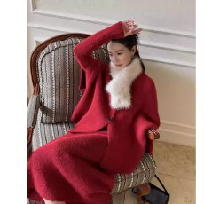 批发厚款宽松型<b class='q'>蝙蝠</b>开衫<b class='q'>连衣裙</b>毛领三件套设计师百搭秋冬时尚韩系套装