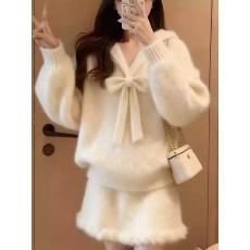 批发小个子秋冬季温柔风穿搭套装女蝴蝶结<b class='q'>甜美</b>减龄针织毛衣短裙两件套