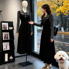 批发法式赫本风假两件<b class='q'>长袖</b>连衣裙子新款女春季配大衣内搭打底长裙