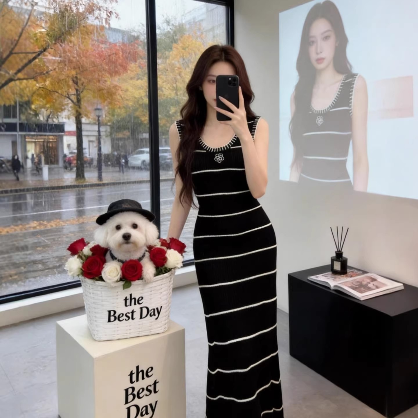 한국 2026 이른 봄 스트라이프 배색 신축성 니트 민소매 조끼 여성 드레스 여름 ol 인사이드 가져 가라. 만나는 롱 스커트