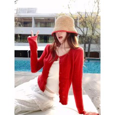 批发曾小咸 韩系红色镂空短款针织开衫女<b class='q'>春秋</b>季薄款吊带外搭外套上衣