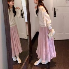 批发小镇姗姗 塞纳晚风~重工牙签皱<b class='q'>半身裙</b>女春浪漫荷叶边A字<b class='q'>雪纺</b>长裙