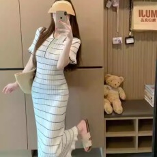 批发夏季条纹撞色收腰法式短袖中长款显瘦针织连衣裙Polo领包臀长<b class='q'>裙子</b>