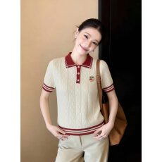 批发韩系学院风撞色樱桃刺绣polo衫女夏镂空透气显瘦短袖针织T恤上衣