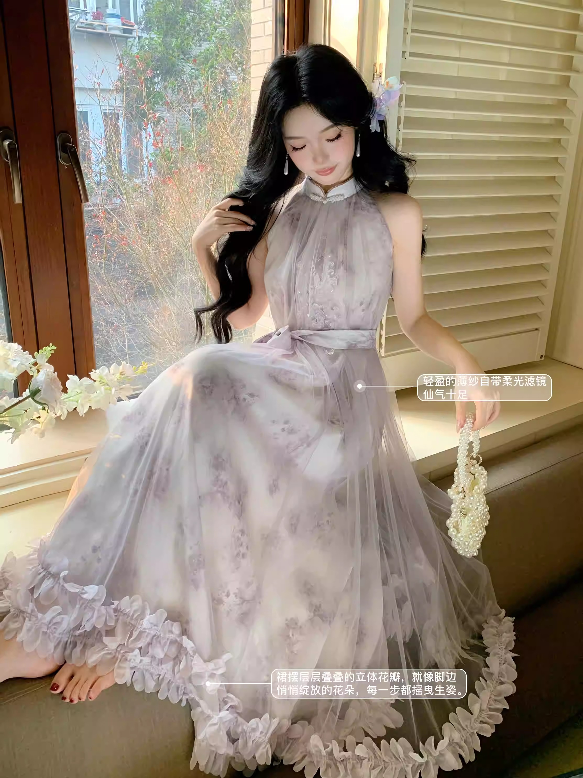 소녀 낭만주의 가벼움 우아한 행침 목 드레스 작은 청신 프릴 롱 스커트