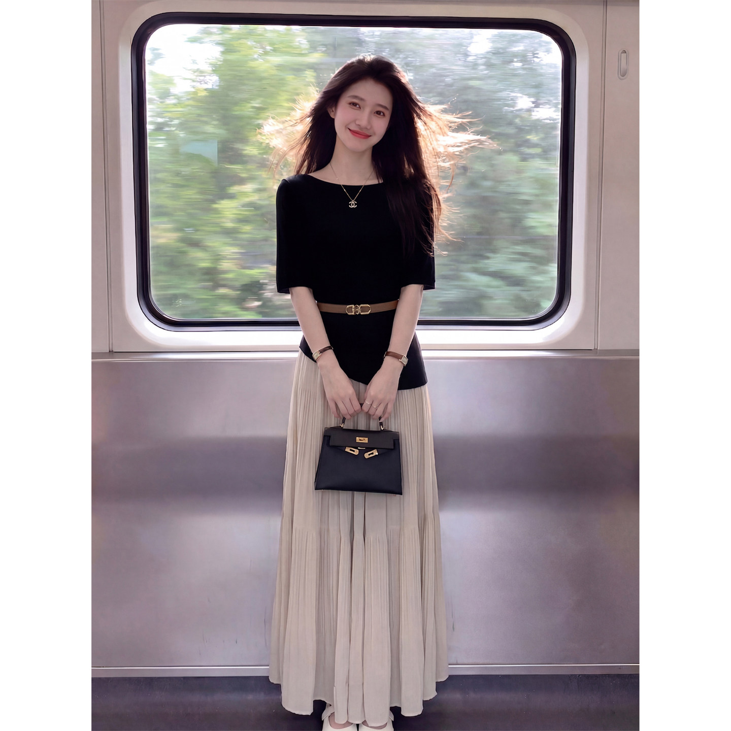 여름 새로운 품격 부드러운 출퇴근 비스듬한 어깨 의류 밝은색 하이웨이스트 반신 스커트 두 조각 여성 세트