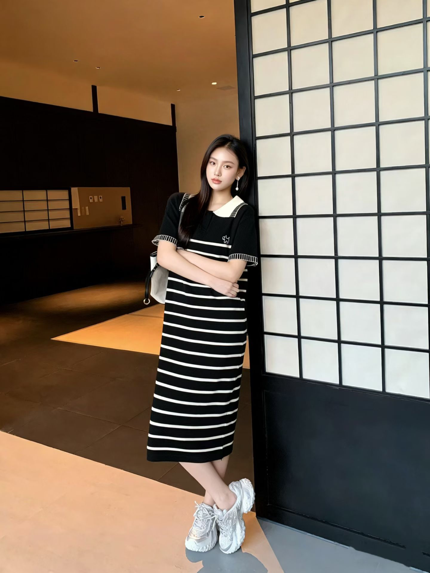 출산 착용 여름 신제품 폴로 칼라 스트라이프 품격 슬림해 보이는 드레스 얼음 실크 롱 스커트