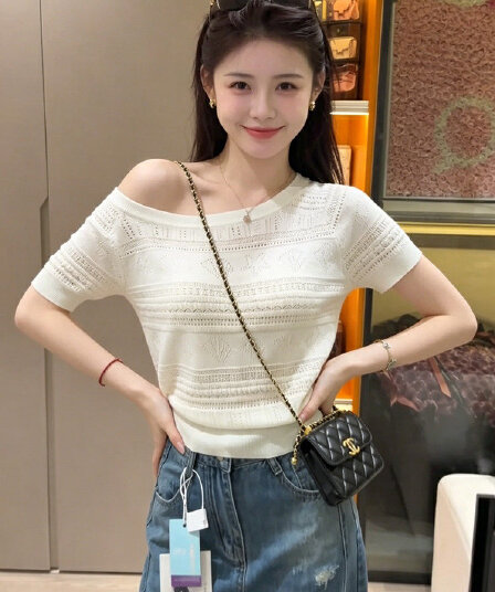 한 부서 부드러운 바람 홀로우 아웃 자수 비스듬한 어깨 반팔 니트 스웨터 여성 여름 미니멀리즘 기초 섹션 허리 수축 슬림해 보이는 맨위