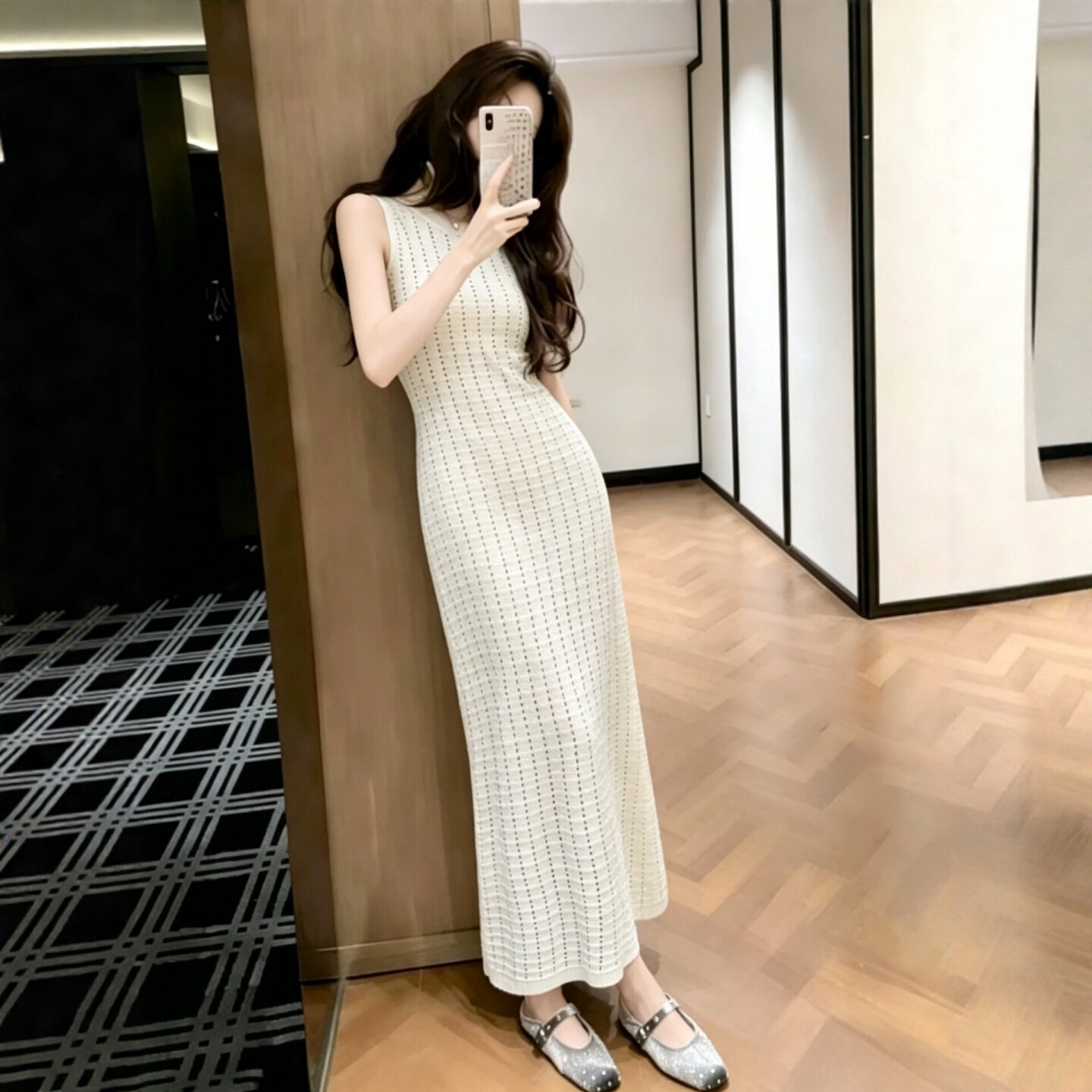 한국 품격 숙녀 부드러운 작은 샤넬 스타일 홀로우 아웃 조끼 얼음 실크 드레스 프랑스식 유럽과 미국 ol 고급 센스 롱 스커트