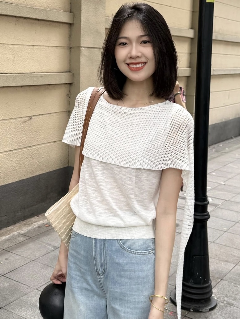 여름 고급 센스 품격 망토 숄 맨위 한 부서 회색 오프숄더 페이크 레이어드 니트 반팔 티셔츠 여성