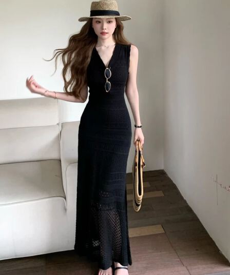 생방송 폭발 단계별 건강 연꽃 여름 새로운 빛 요리 한 니트 V넥 홀로우 아웃 슬림해 보이는 고급 센스 드레스