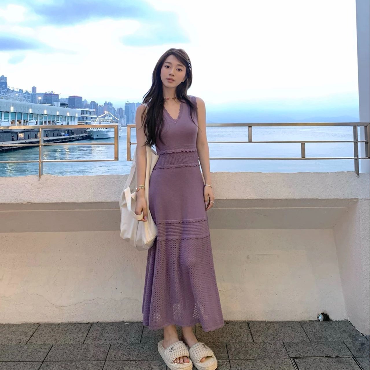 hepeachofficial 대도시 lady 프랑스식 V넥 몸매 가꾸기 니트 조끼 원피스 롱 스커트 여성