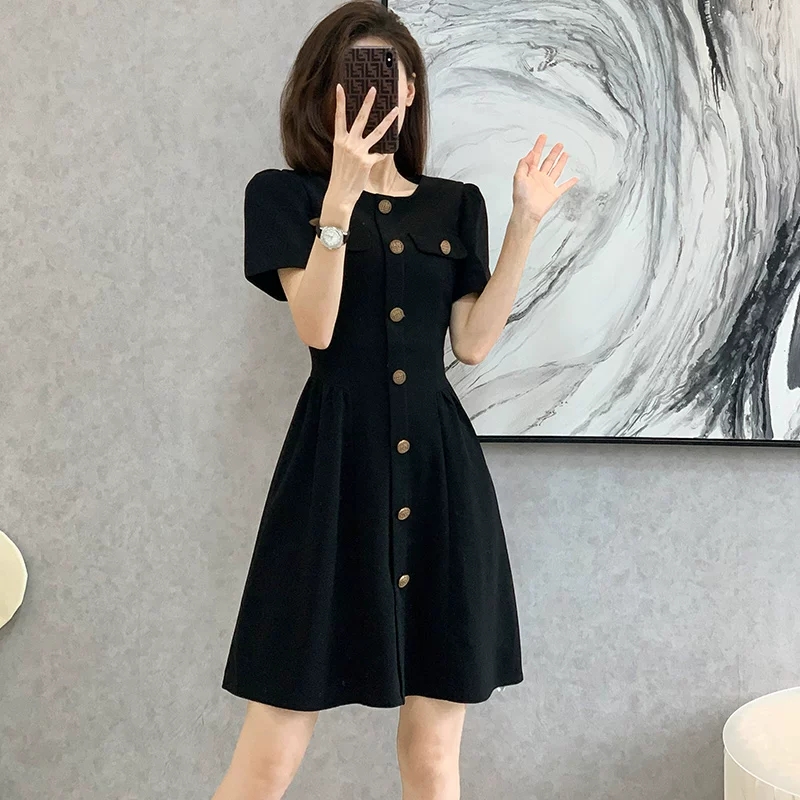 프랑스식 거품 소매 검정색 여성 드레스 얇은 스타일 그는 벤 바람 작은 검은 드레스 허리 수축 슬림해 보이는 A라인 스커트 여름 섹션 표지 고기