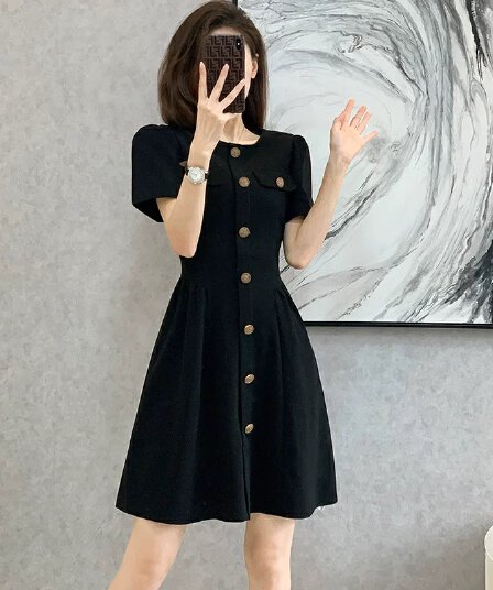 프랑스식 거품 소매 검정색 여성 드레스 얇은 스타일 그는 벤 바람 작은 검은 드레스 허리 수축 슬림해 보이는 A라인 스커트 여름 섹션 표지 고기
