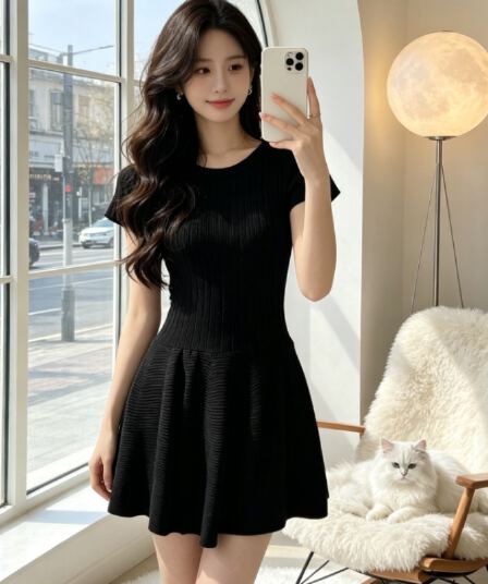 그는 벤 바람 니트 반팔 여성 드레스 2026 여름 새로운 허리 수축 슬림해 보이는 품격 퍼프 미니 스커트 작은 검은 드레스