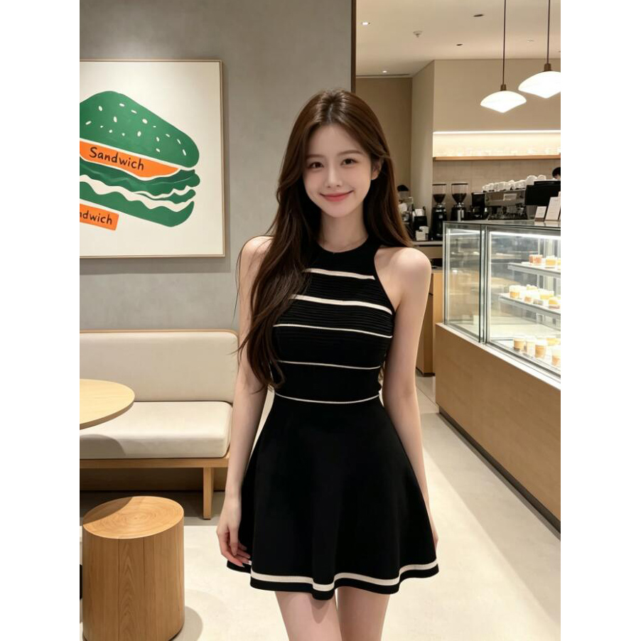 망사 패치워크 홀로우 아웃 검정색 스트라이프 니트 여성 드레스 여름 새로운 민소매