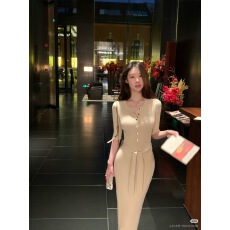 批发2026年半开领系带针织<b class='q'>连衣裙</b>女中袖收腰裙修身竖坑条长裙