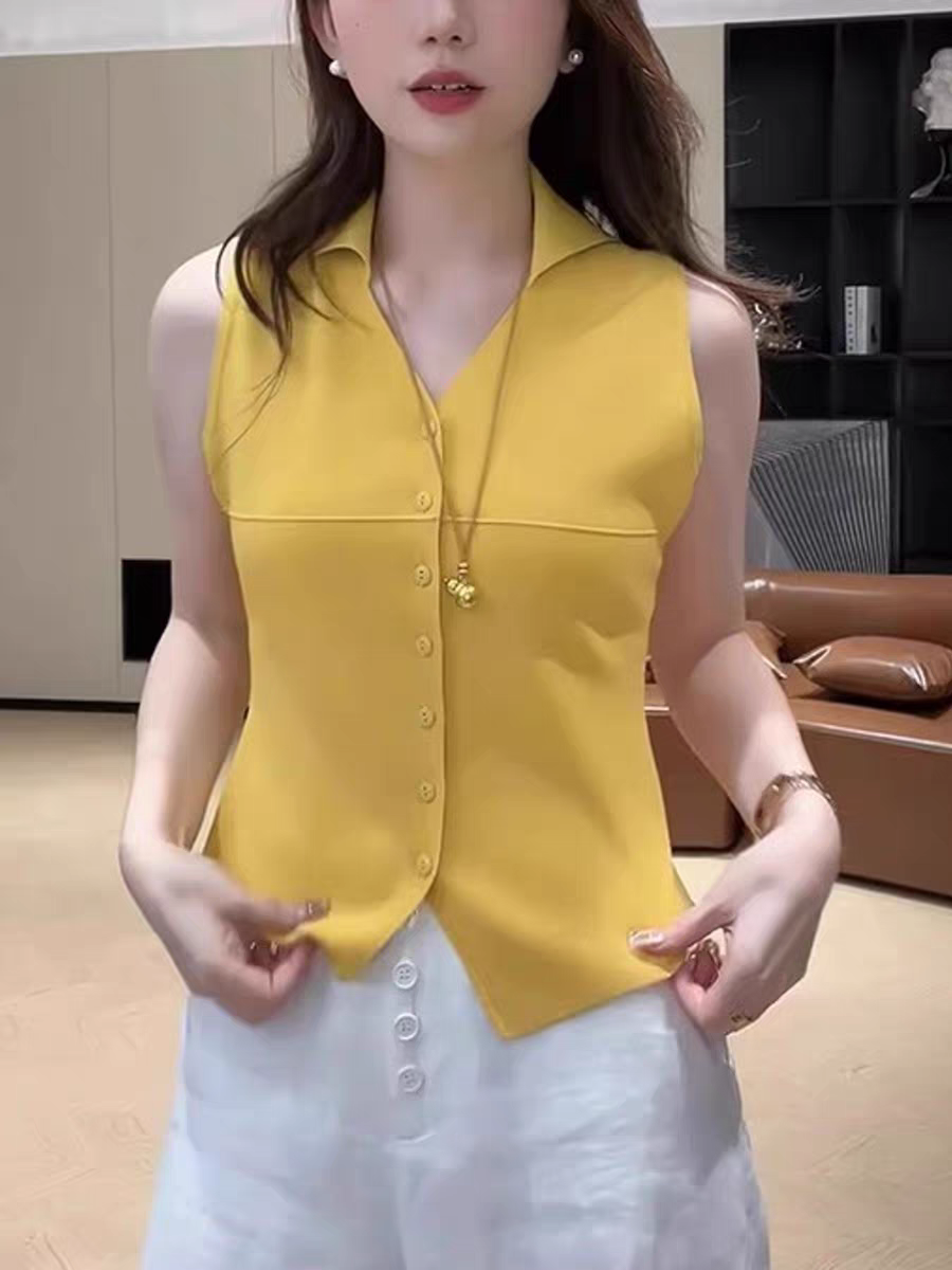 보존 섹션 추천 부드러운 바람 POLO 칼라 민소매 파란색 니트 조끼 여성 여름 새로운 달콤함 슬림해 보이는 맨위