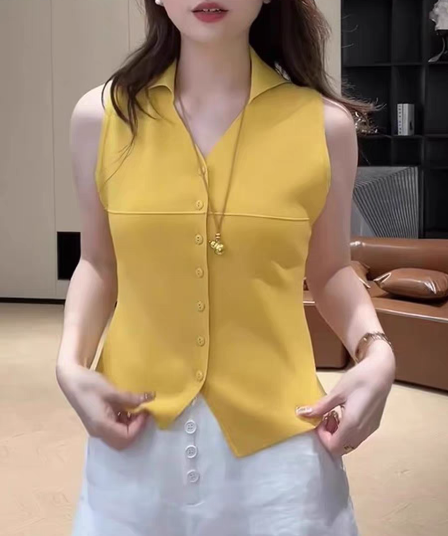 보존 섹션 추천 부드러운 바람 POLO 칼라 민소매 파란색 니트 조끼 여성 여름 새로운 달콤함 슬림해 보이는 맨위