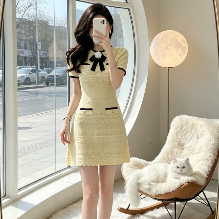 프랑스식 작은 샤넬 스타일 나비 매듭 니트 여성 드레스 여름 빛 럭셔리 바람 몸매 가꾸기 A라인 스커트 천 금빛 바람 짧은 치마