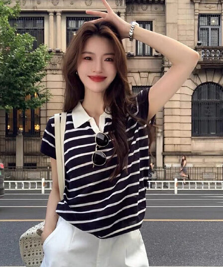 오래된 돈 바람 착용 가져 가라. 스트라이프 긍정적 인 어깨 반팔 티셔츠 여성 여름 얇은 스타일 POLO 셔츠 고유 한 아름다운 그레이트 봐. 의류