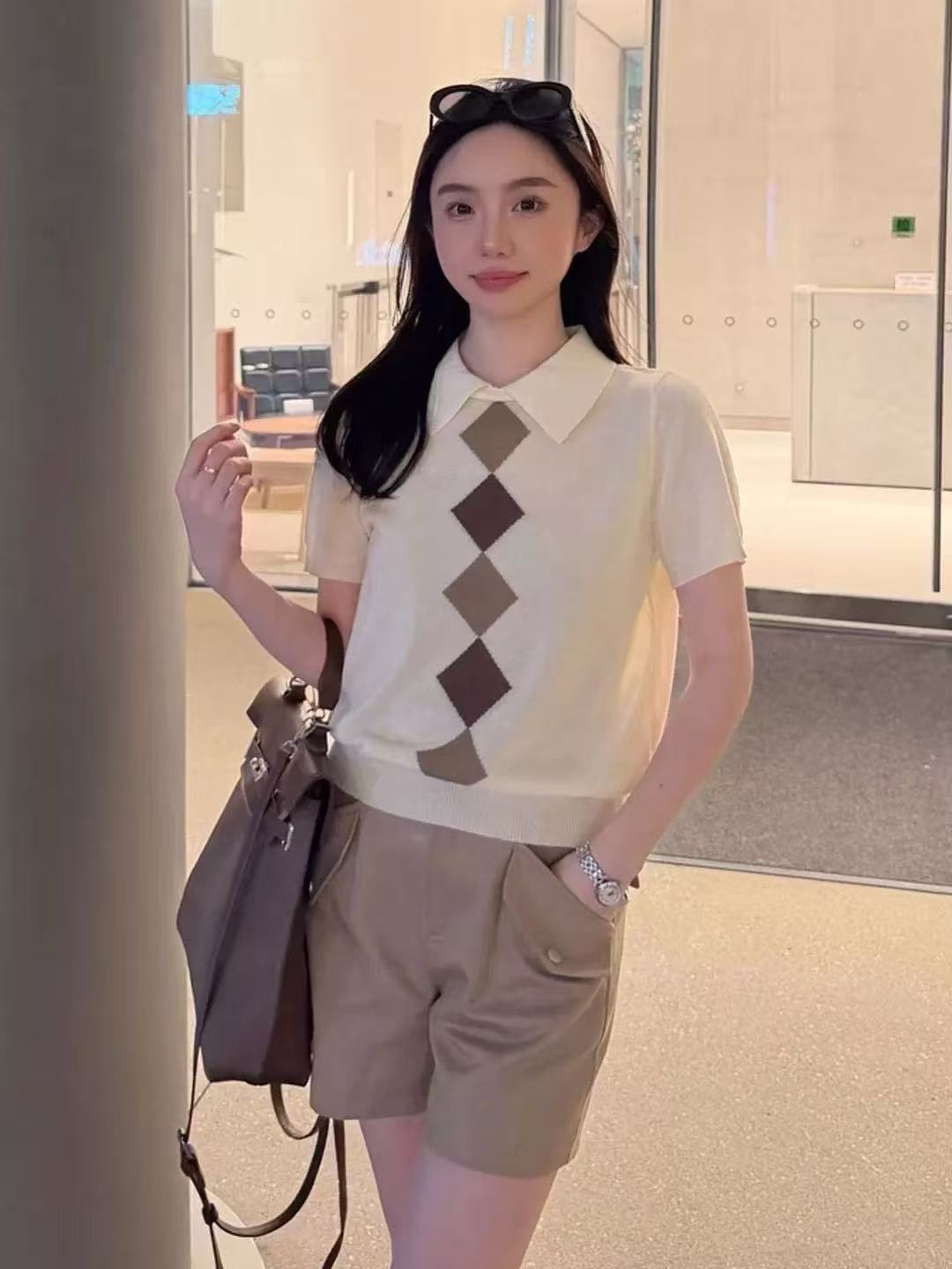 한 부서 학원 스타일 POLO 칼라 링 그리드 반팔 티셔츠 니트 스웨터 여성 여름 루즈핏 슬림해 보이는 캐주얼 맨위 얇은 스타일