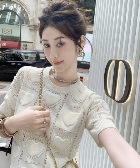 남쪽 기름 높음 세트 봄 여름 유럽과 미국 여성 의류 빛 요리 한 우아함 어록 들 은 하트 패턴 통기성 니트 스웨터