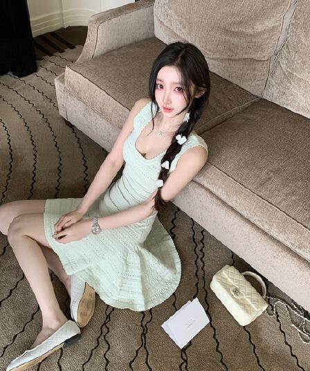 okmashop 녹색 이순신 제직 꿈 니트 슬립 여성 드레스 여름 품격 순수한 욕망 미니 스커트 허리 수축 치마
