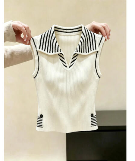 패션 디자인 센스 베이지 색 스트라이프 POLO 칼라 민소매 니트 조끼 여성 여름 새로운 오래된 돈 바람 풀오버 셔츠