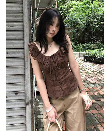 프랑스식 달콤한 스타일 보라색 프릴 여성 셔츠 여름 디자인 센스 Feifei 소매 허리 수축 슬림해 보이는 아름다운 작은 맨위