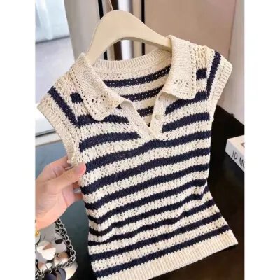 레트로 스트라이프 홀로우 아웃 POLO 칼라 니트 스웨터 여성 여름 새로운 고급 센스 학원 스타일 작은 날다 소매 슬림해 보이는 맨위