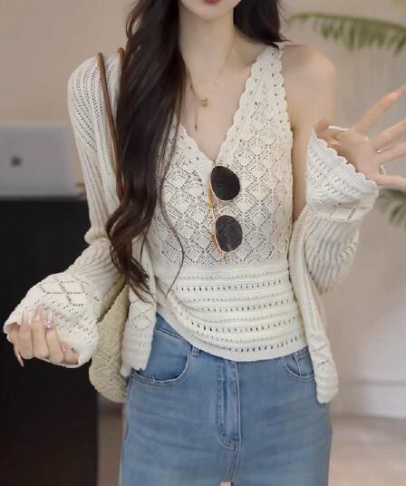 살구 색상 자수 홀로우 아웃 니트 오픈 가디건 여성 여름 얇은 스타일 블라우스 2026 새로운 스택 착용 조끼 맨위 투피스 세트