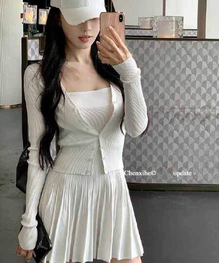 그는 아침 전체 집합 ootd 착용 가져 가라. 세트 여성 짧은 니트 몸매 가꾸기 오픈 가디건 맨위 한 마디 플리츠 슬립 드레스
