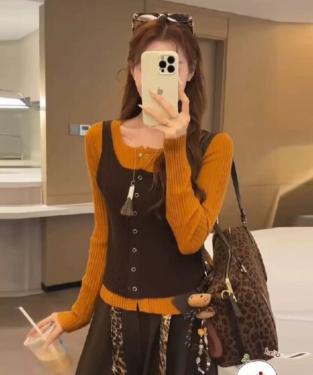 호박 주황색 라운드 넥 배색 페이크 레이어드 긴팔 니트 스웨터 여성 봄 가을 패션 스택 착용 몸매 가꾸기 슬림해 보이는 만나는 맨위