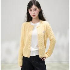 批发黄色麻花正肩<b class='q'>长袖</b>针织开衫女早秋小个子短款内搭毛衣外套上衣秋季
