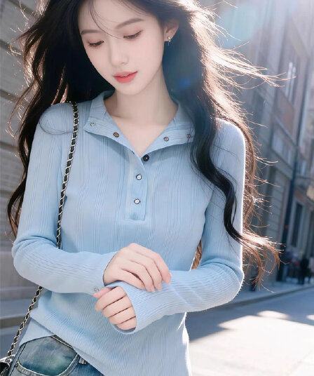 헨리 칼라 긴팔 티셔츠 여성 조기 가을 디자인 센스 몸매 가꾸기 슬림해 보이는 부드러운 순수한 욕망 외출용 만나는 맨위