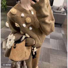 批发设计感拉链立体花外套冬季时尚休闲穿搭阔腿裤两件套