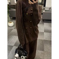 批发韩版小香风双排扣针织套装女<b class='q'>春</b>秋季2026新款毛衣阔腿裤两件套垂感