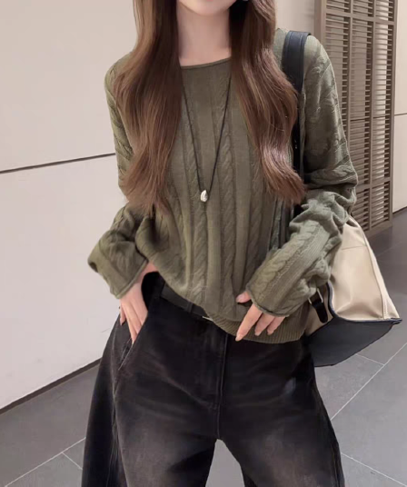 새로운 레트로 외국 가스 루즈핏 느긋한 센스 녹색 꽈배기 스웨터