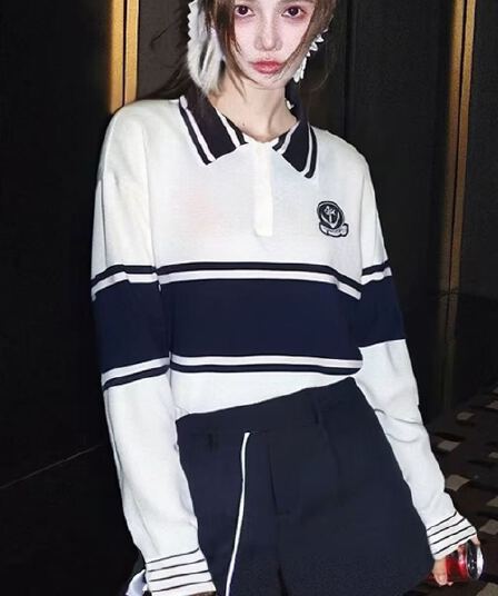 운동 학원 스타일 배색 스트라이프 POLO 칼라 긴팔 후드티 니트 스웨터 연령 감소 가을 맨위