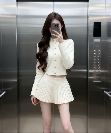 있음 선적 miu 부서 천 금빛 바람 고급 센스 세트 다이아몬드 세팅 니트 오픈 가디건 플리츠 반신 스커트 샤오시엔 투피스 세트