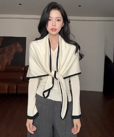 있음 도착 한 부서 품격 사실 두 조각 슬림해 보이는 긴팔 니트 스웨터 맨위 삼각형 숄 디자인 센스 세트 여성