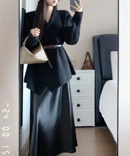 고급 그는 벤 바람 세트 여성 새로운 새틴 반신 스커트 전체 집합 ootd 착용 가져 가라. 품격 폴로 칼라 검정색 재킷