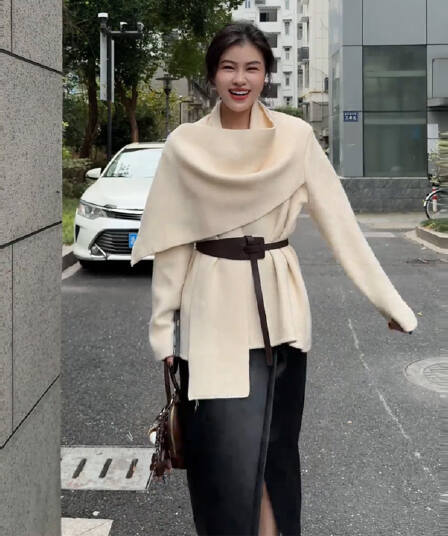 빅 사이즈 오래된 돈 바람 부드러운 숄 스웨터 여자 가을 겨울 지방 mm 레이스업 허리 수축 니트 스웨터 재킷 품격 맨위