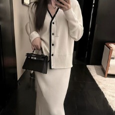 批发撞色设计毛衣开衫气质针织半身裙女春两件套装
