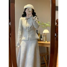 批发复古毛衣半身裙女秋冬新款高腰a字伞裙套装