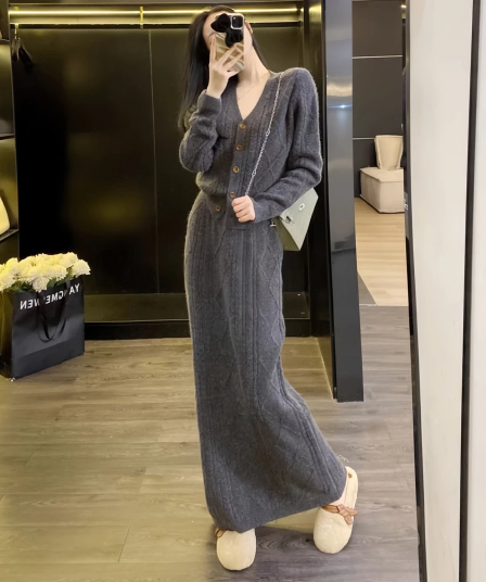 프랑스식 순수한 욕망 바람 빛 요리 한 바람 캐주얼 바람 패션 세트 다이아몬드 모양 오픈 가디건 중간 길이 꽈배기 반신 스커트 투피스 세트