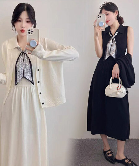 가을 겨울철 드레스 작은 샤넬 스타일 2026 새로운 카디건 코트 조끼 스커트 투피스 슈트 고급 센스
